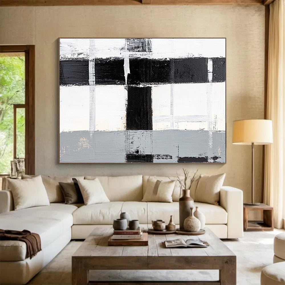 Black, White, Gray, Patchwork Squares "Monochrome Patchwork" Abstract Minimalist Painting On Canvas HB160