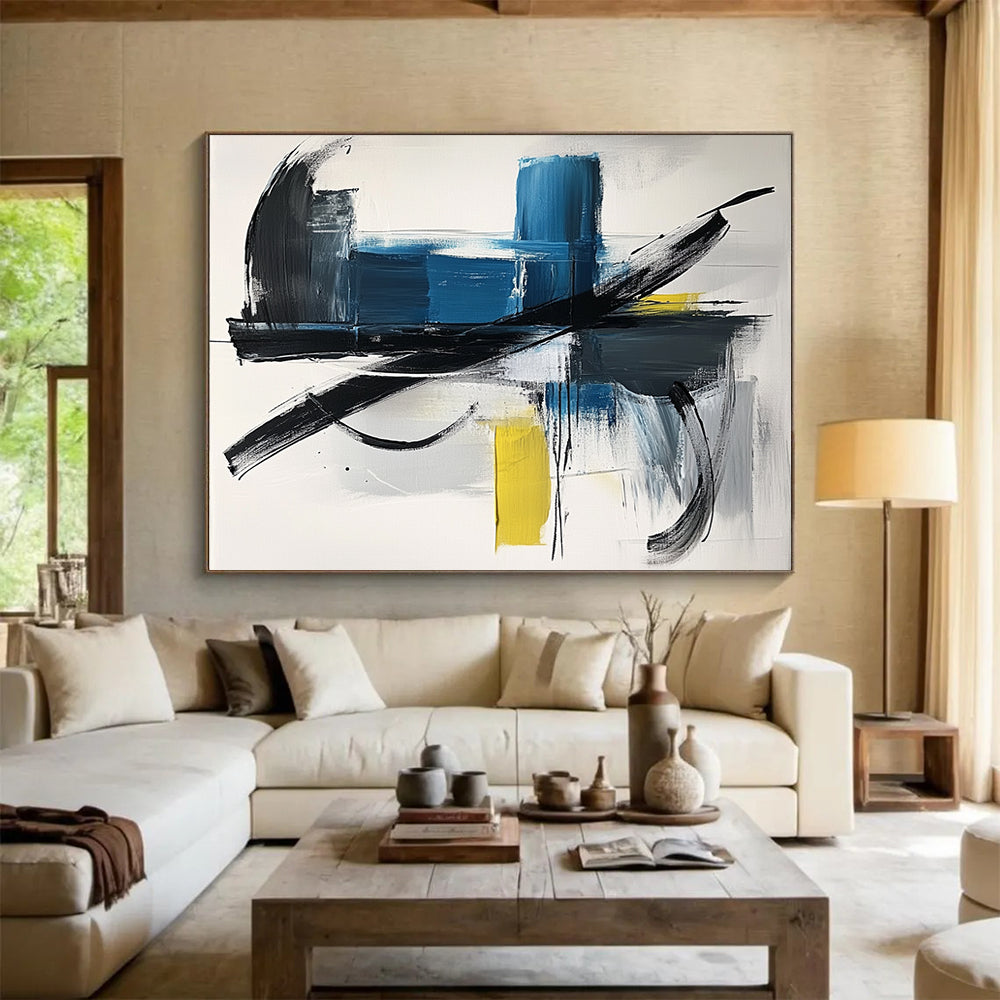 “Blue and Black Dynamism” - Blue, Black, Yellow, Gray, Bold Strokes - Abstract Expressionist Acrylic Painting HB1549