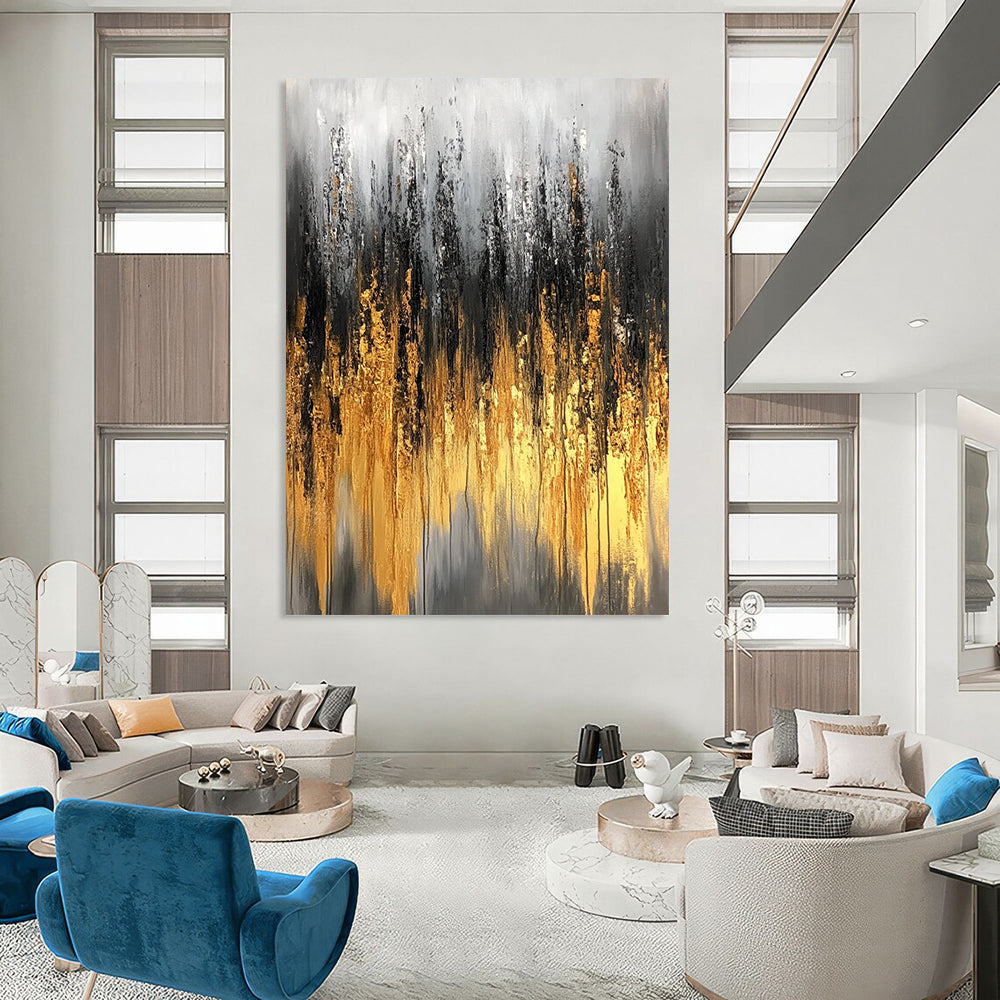 Large contemporary abstract painting featuring gray and gold tones with textured brushstrokes and delicate light effects on a soft background. DLZ0746