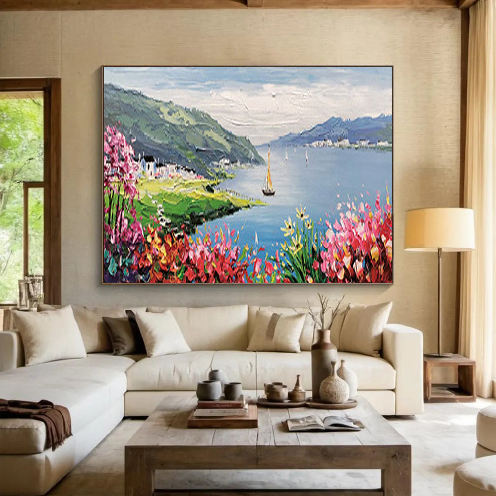 Lakeside Village with Sailboat - Romantic Living Room or Bedroom Art DLZ209