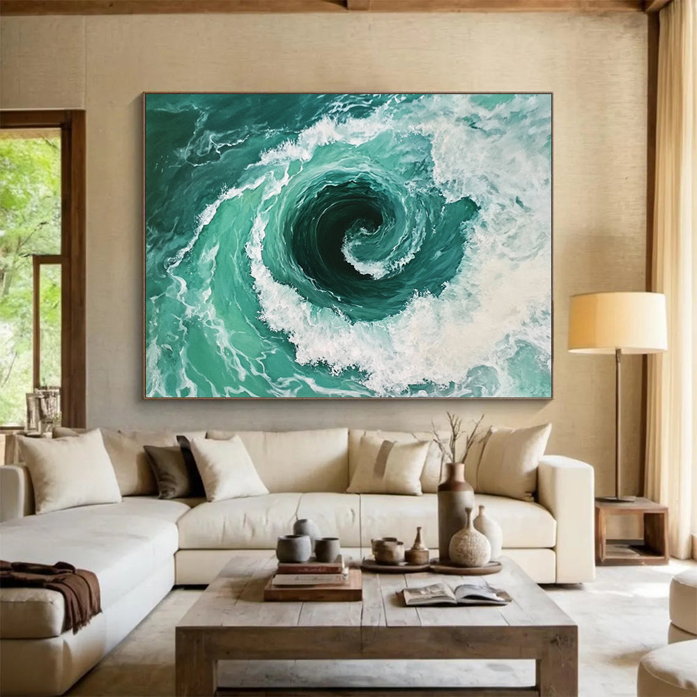 “Turquoise Vortex of the Sea” - Turquoises, Whites, Greens, Ocean Vortex - Realistic Oil Painting HB1559