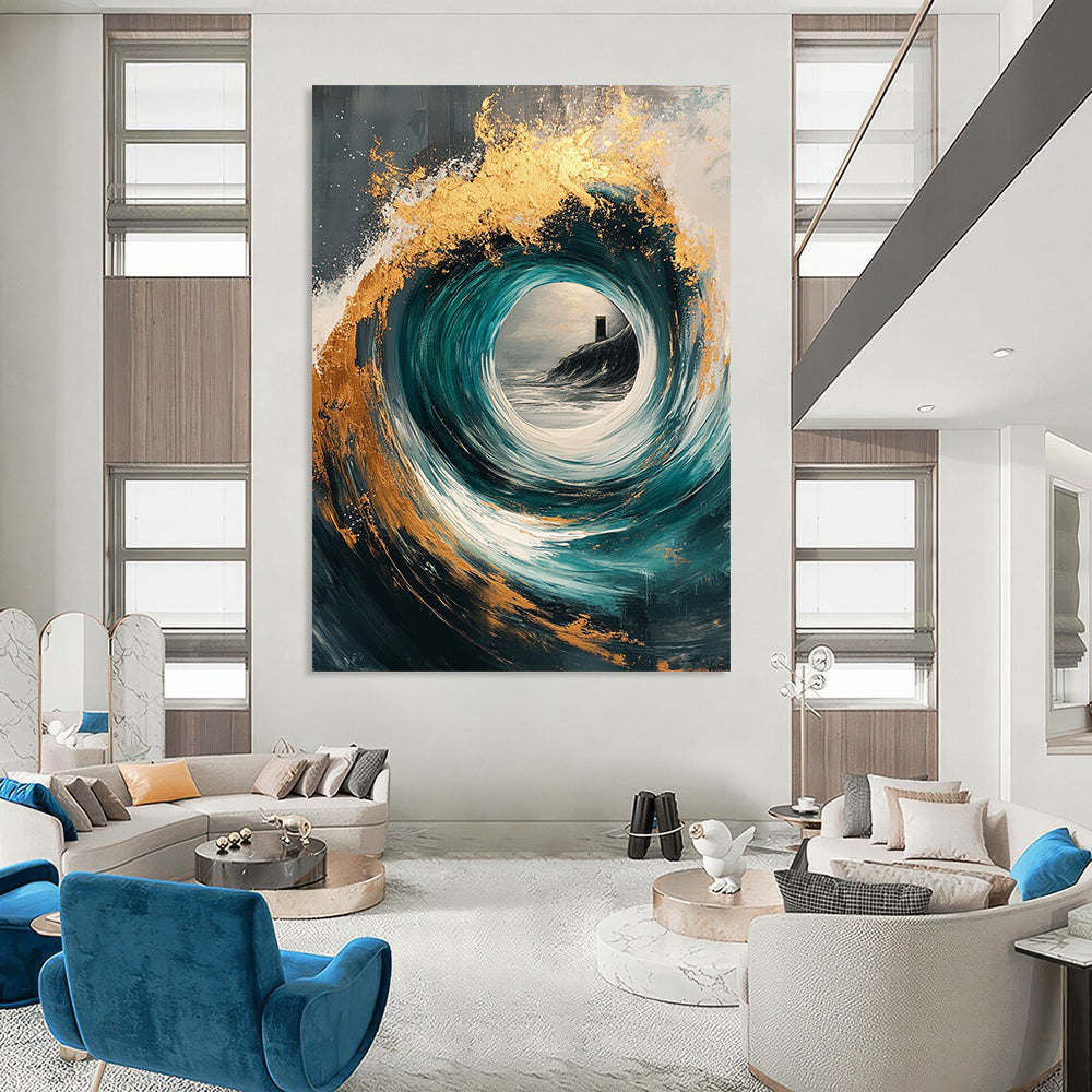 Contemporary abstract painting with gold and teal swirls, magical windows, on a textured gray canvas, perfect for modern decor. DLZ0370