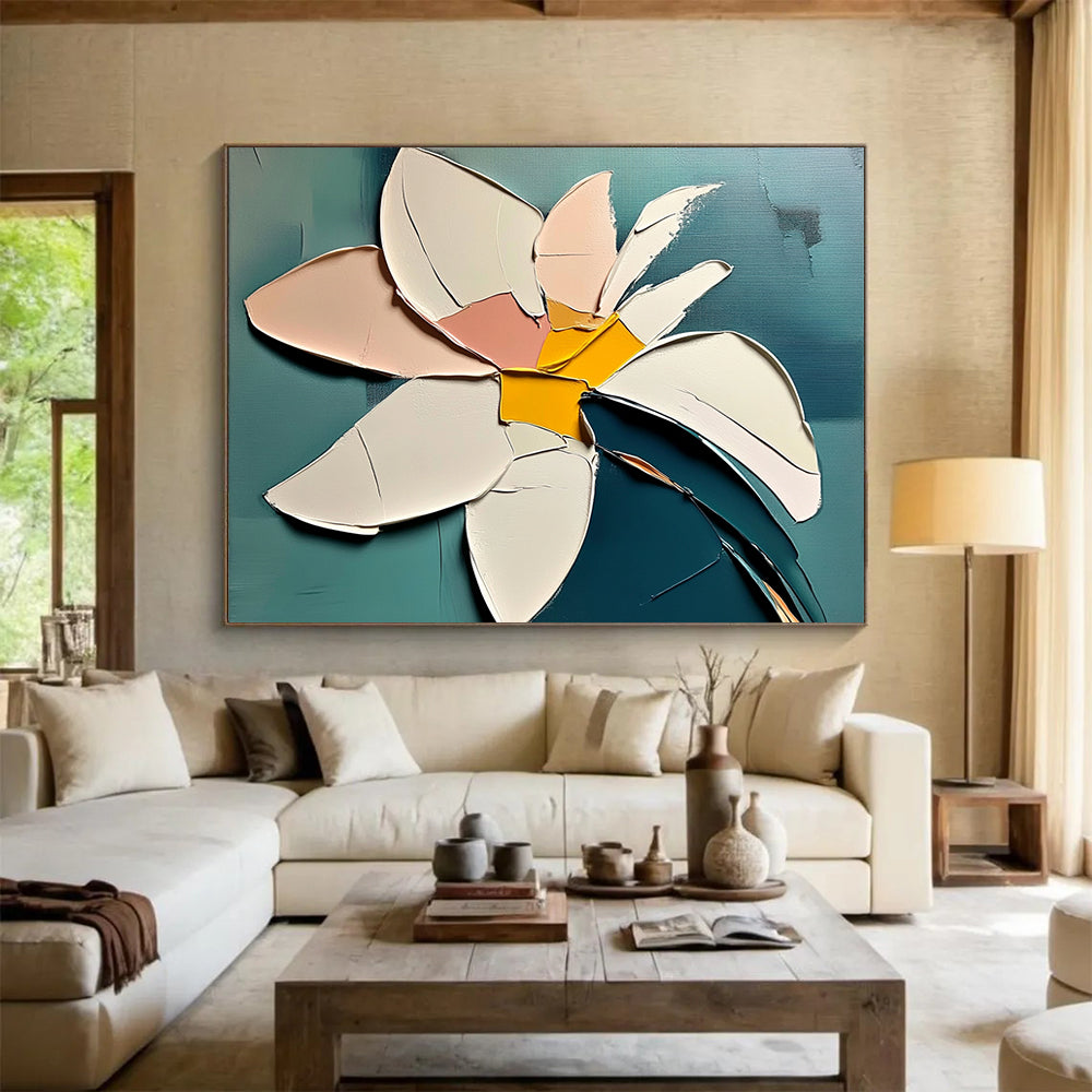 “Abstract Petal Layers” - Pink, White, Yellow, Teal, 3D - like Floral Collage Painting On Canvas HB1104