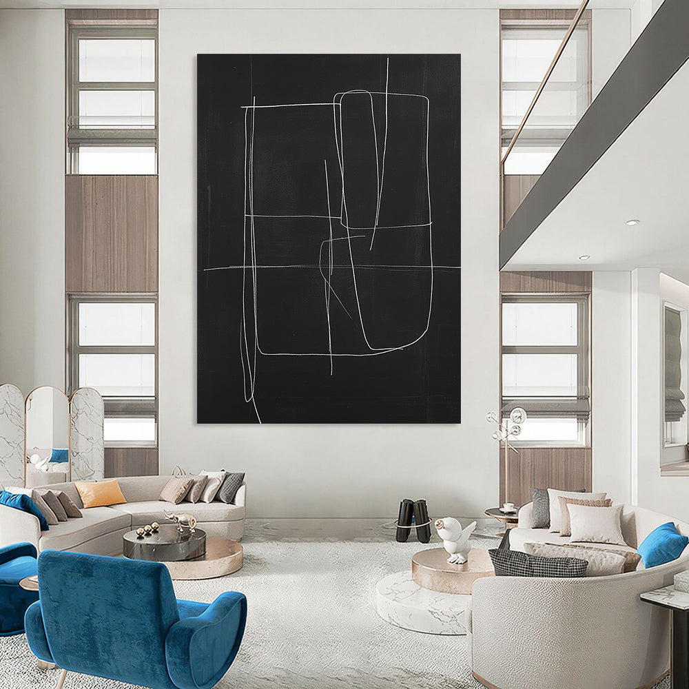 Contemporary minimalist abstract art featuring a central shape with extending lines on a black background creating a striking visual contrast. DLZ1642