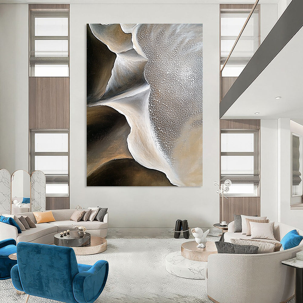 Large contemporary abstract artwork showcasing intricate sand dune patterns and contrasting rock formations with rich oil paint texture and minimalistic desert depth. DLZ1181