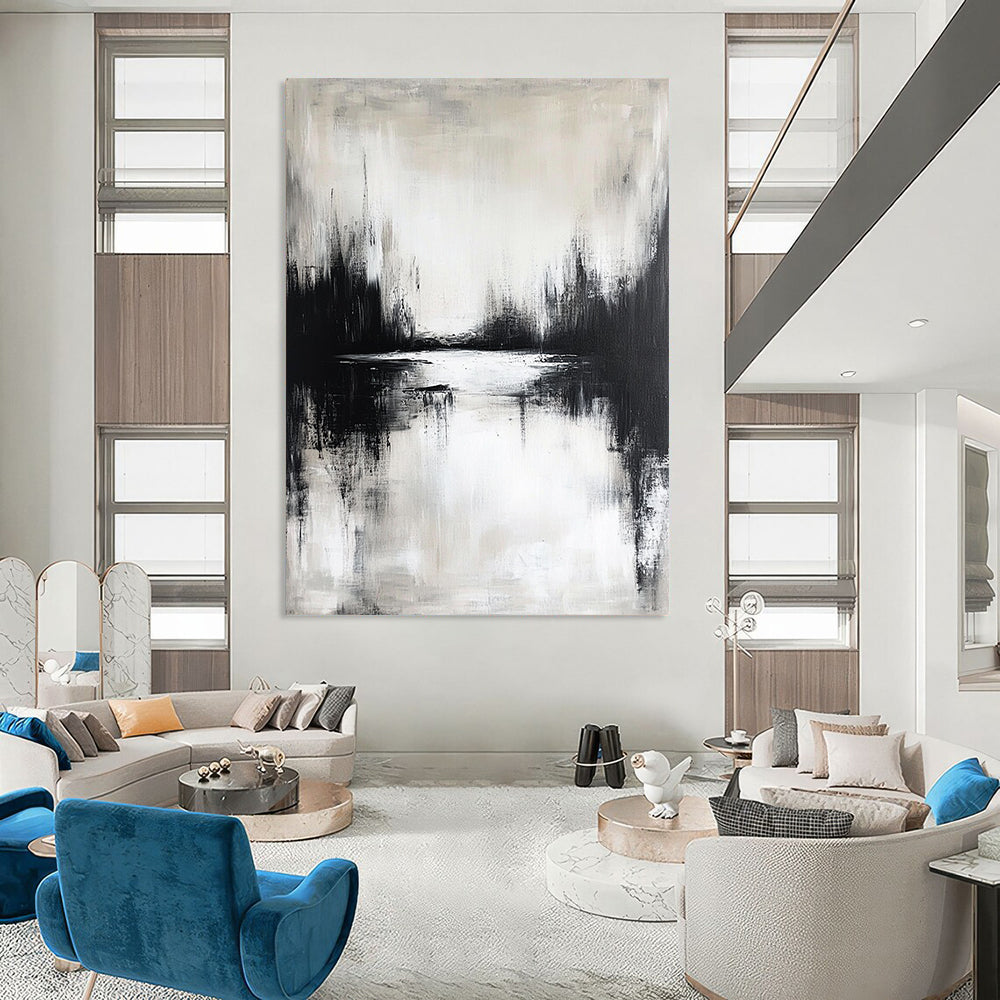 Contemporary hand-painted abstract artwork featuring a moody lake reflection in neutral tones and atmospheric black and white design. DLZ0310