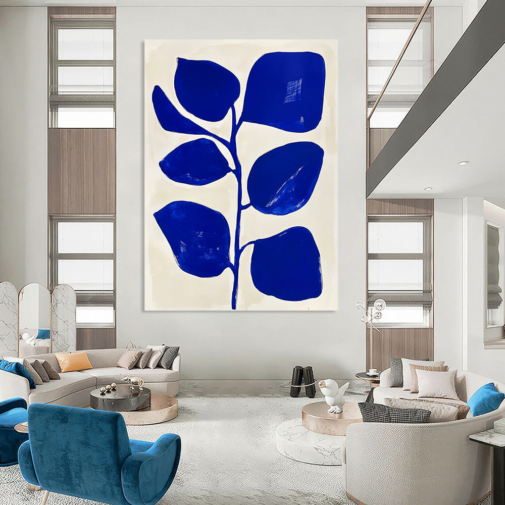Contemporary hand-painted abstract artwork featuring a blue and white floral design with simple shapes and flat colors in Matisse style. DLZ1153