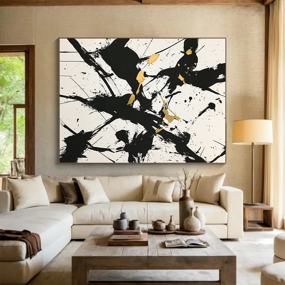 White, Black, Gold, Splattered Shapes "Golden Chaos" Abstract Expressionist Painting On Canvas HB077