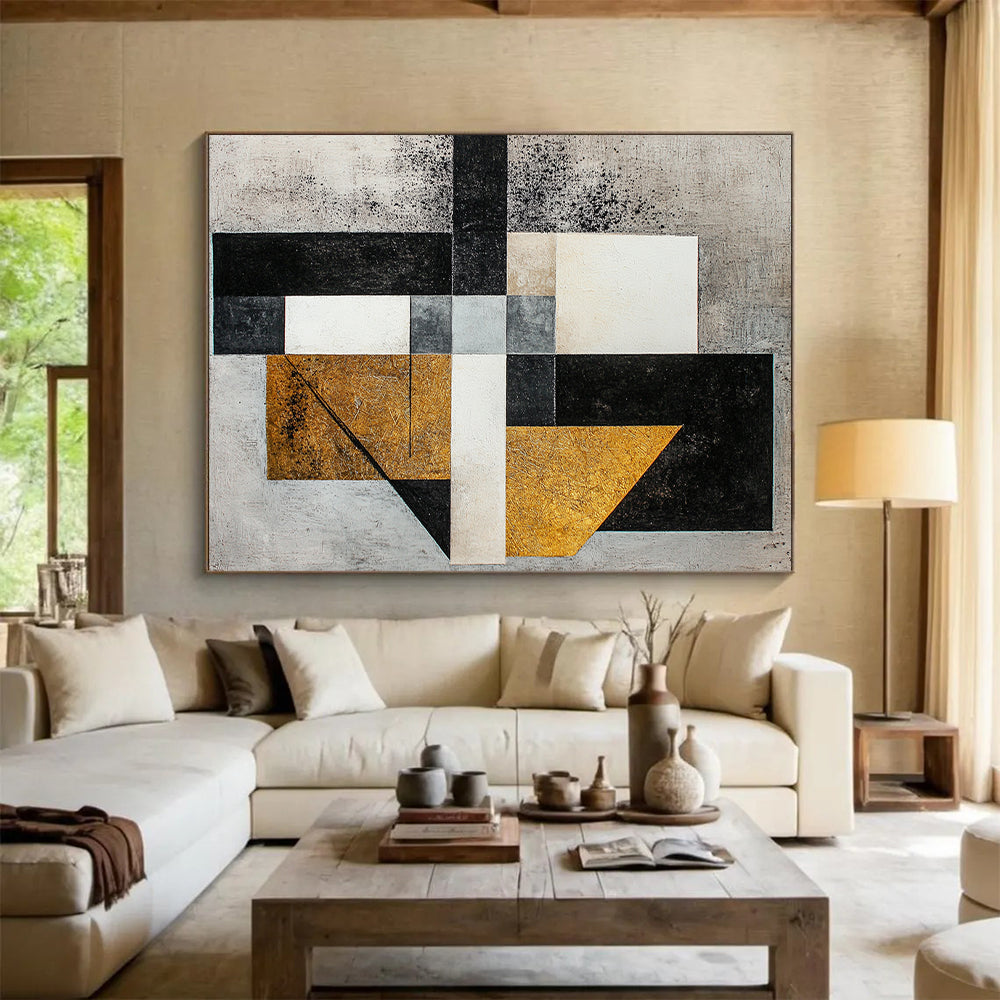 Gray, White, Black, Gold with Mixed Shapes "Textured Fusion" Abstract Painting On Canvas HB016