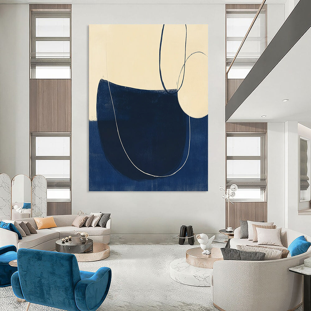 Contemporary hand-painted abstract artwork featuring minimalist line drawings, elegant curves, and a navy blue and cream palette in woodblock print style. DLZ1633