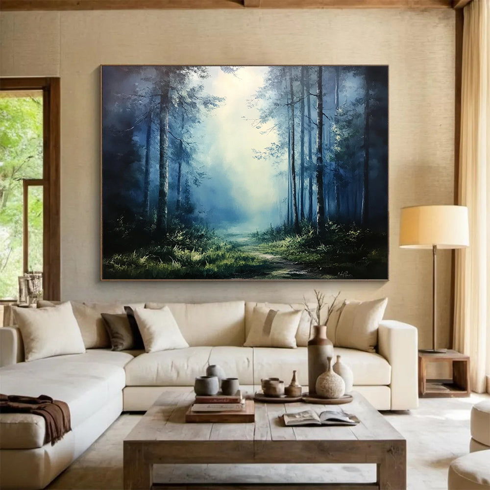 “Mystic Forest Path” - Deep Blues, Greens, Hints of Light, Forest Path in Mist - Atmospheric Oil Painting HB1690