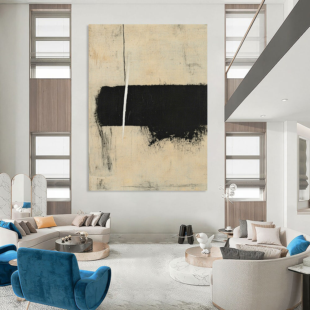 Large contemporary hand-painted abstract art featuring minimalistic shapes and brush strokes in black and beige with ample negative space. DLZ0941