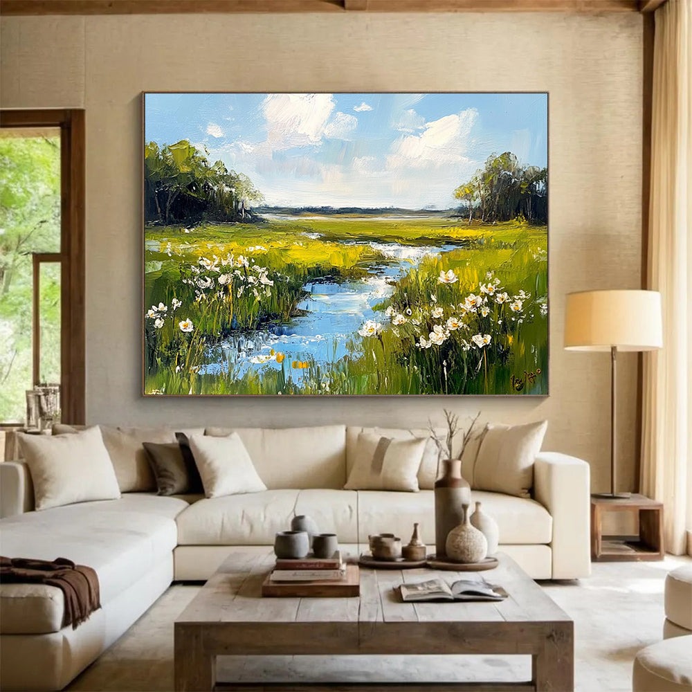 Green Meadow with Stream and White Flowers - Impressionistic Landscape Painting On Canvas HB0446