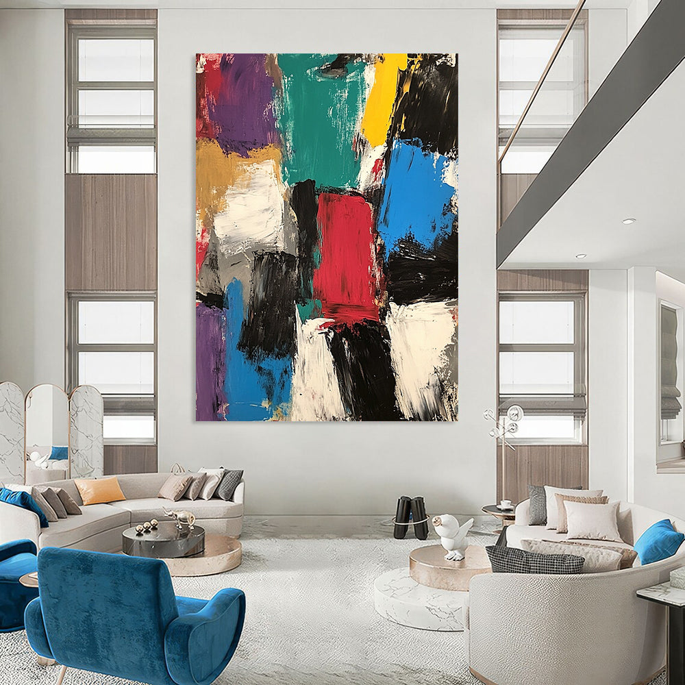 Large contemporary hand-painted abstract artwork featuring thick brush strokes and mixed media in vibrant colors, inspired by Jean Dubuffet's expressive style. DLZ0934