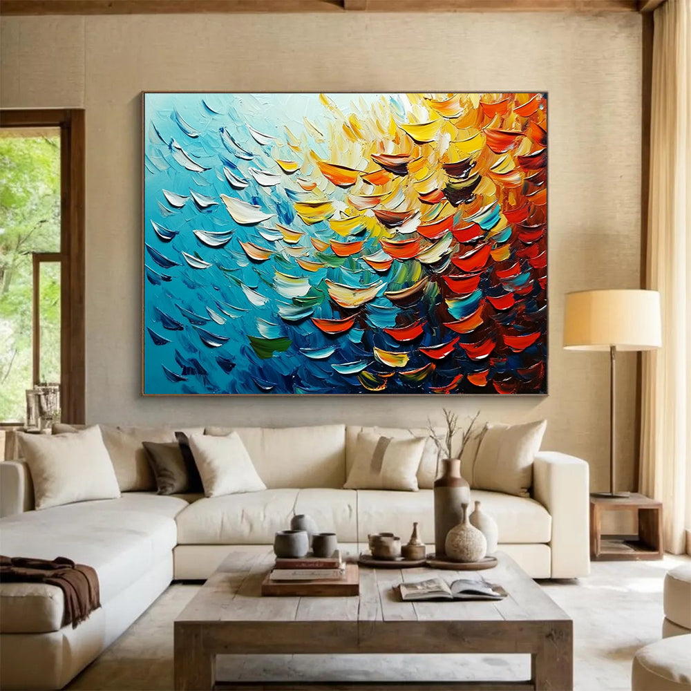 “Textured Ocean Petals” - Blue, yellow, orange, red; Petal - like thick strokes mimic ocean waves; Abstract Impasto Oil Painting On Canvas HB1168