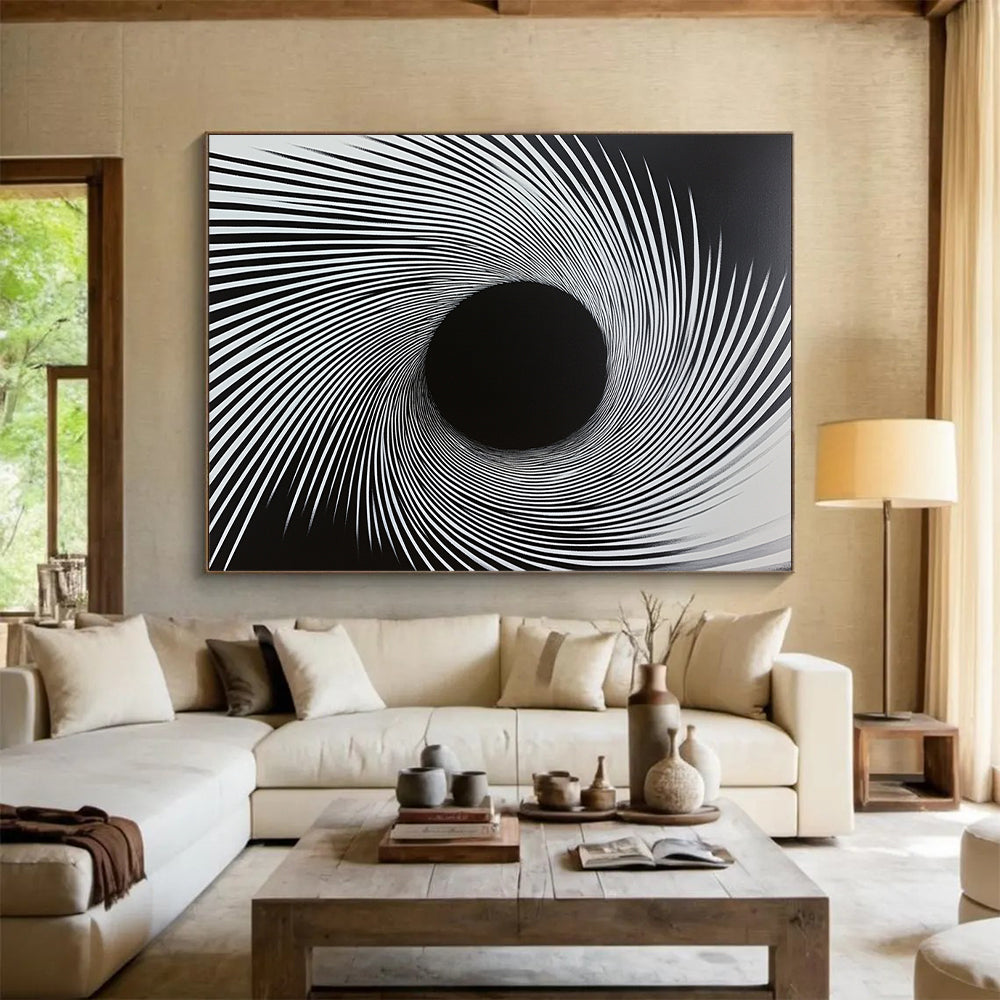 Black & White Radial Lines - “Hypnotic Tunnel Vision” Painting On Canvas HB183