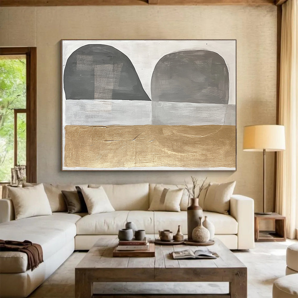 Gray, Silver, Gold and White Geometric Abstraction "Minimalist Geometry" Painting On Canvas HB396