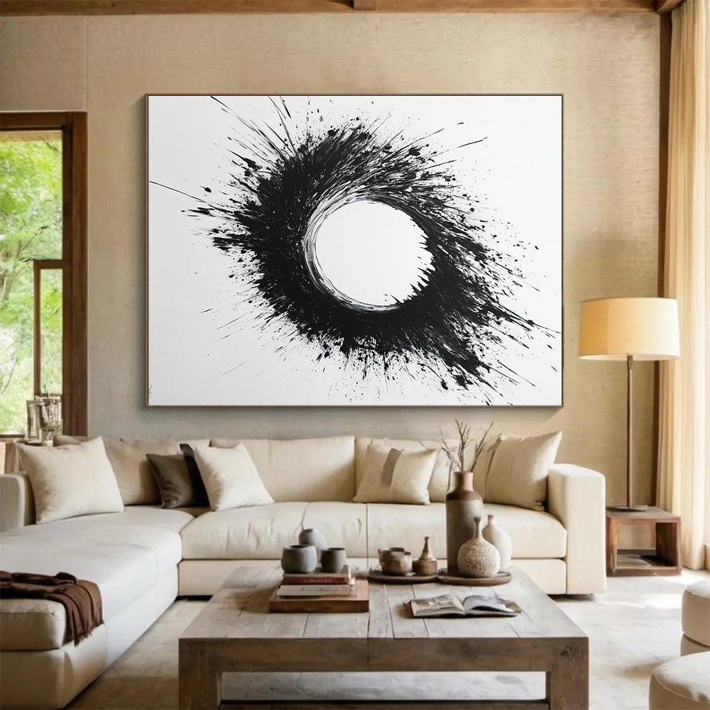 Black and White Splattered Circle "Chaotic Zen" Painting On Canvas HB287