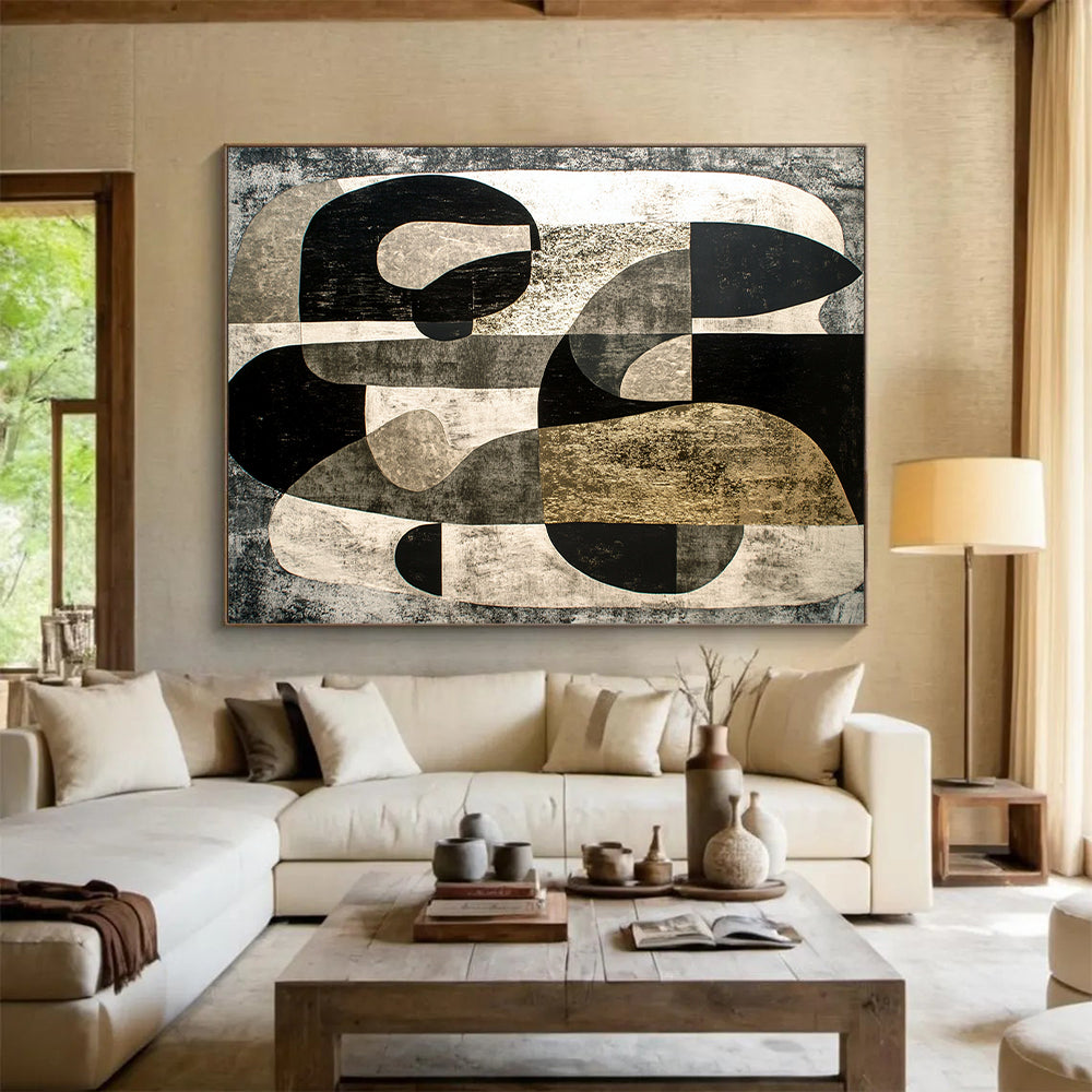 Black, Gray & Gold Abstract Forms - “Gilded Industrial Abstraction” Painting On Canvas HB204