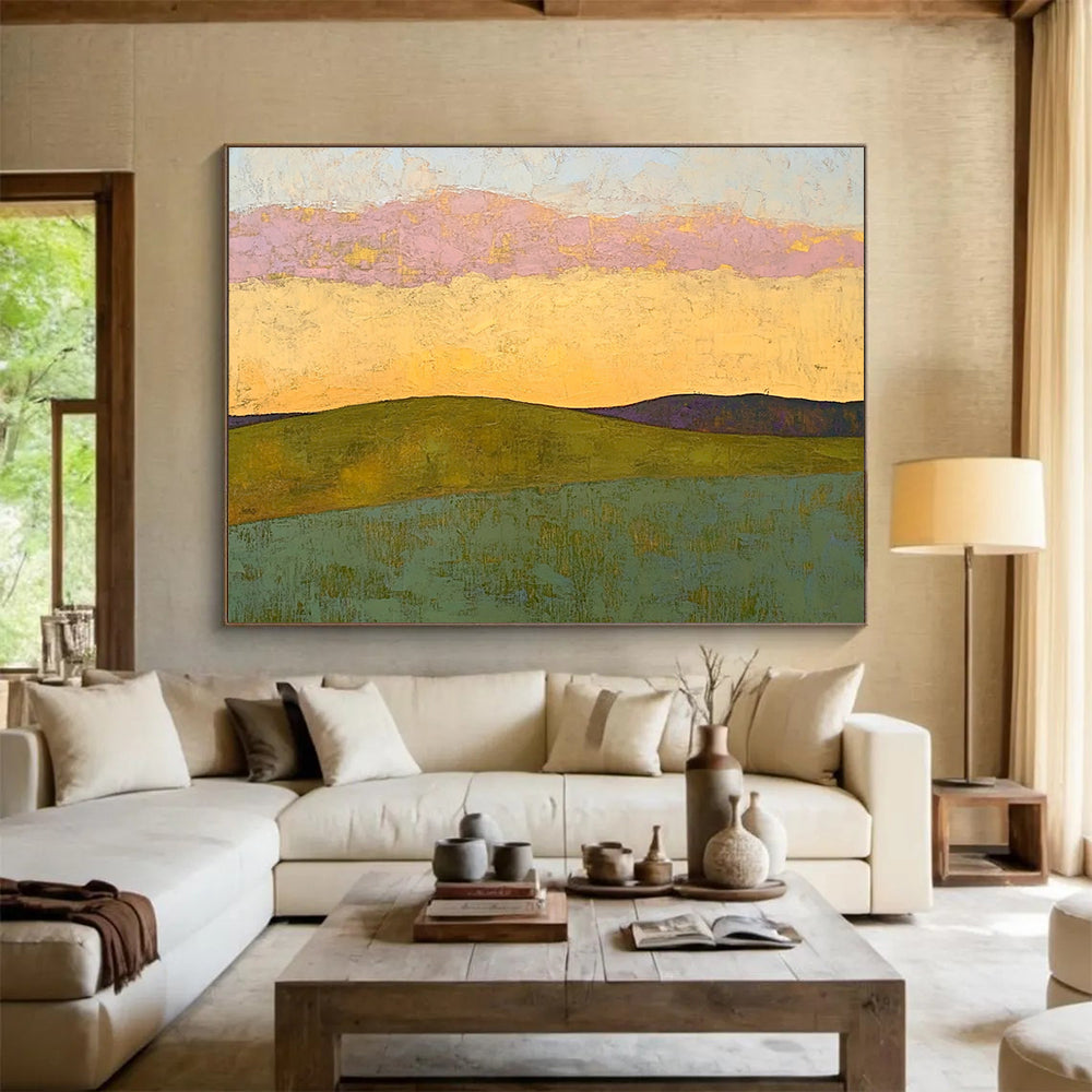 “Colorful Horizon Landscape” - Pink, Yellow, Green, Textured Layers, Abstract Landscape Painting On Canvas HB0905