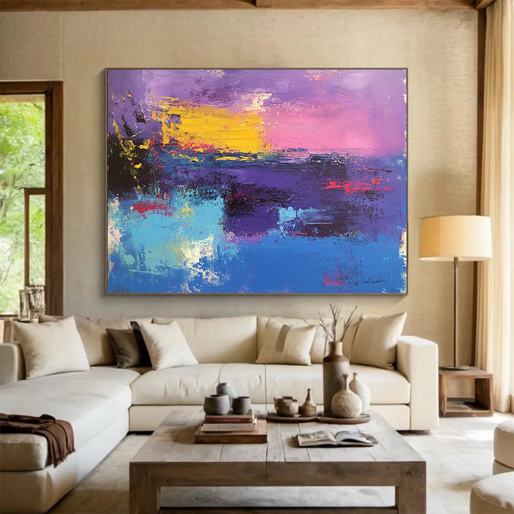 “Purple Pink Abstract Horizon” - Purple, Pink, Yellow, Blue with a Colorful Horizon - Painting On Canvas HB1374