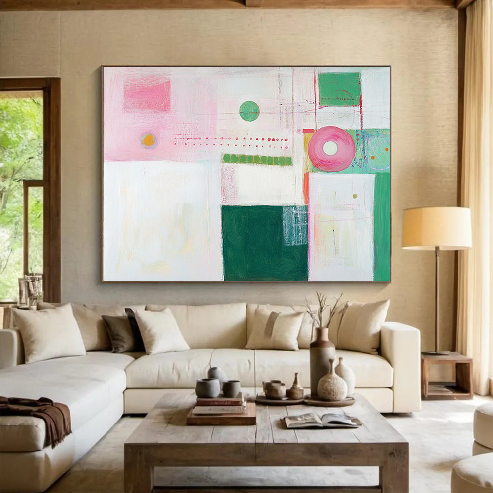 “Pastel Abstract Shapes” - Pink, green, white, Soft Abstract Painting HB0642
