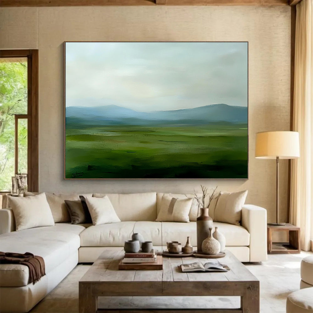 “Soft Green Landscape” - Green, Blue, Gray, Hazy Fields and Mountains - Minimalist Oil Painting HB1701