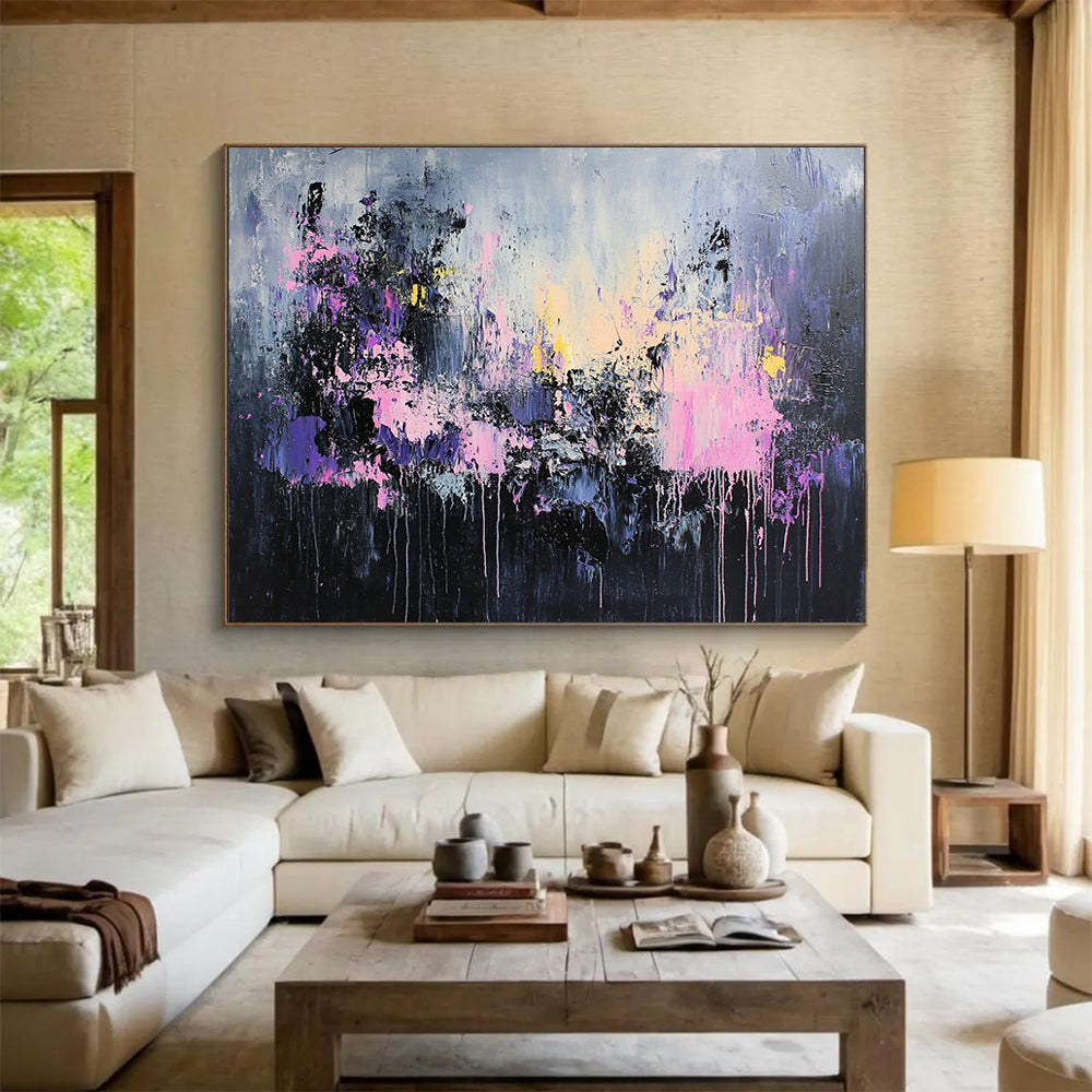 “Mystic Purple Drips” - Purple, Pink, Gray, Black, Dripping Abstract Painting On Canvas HB1051