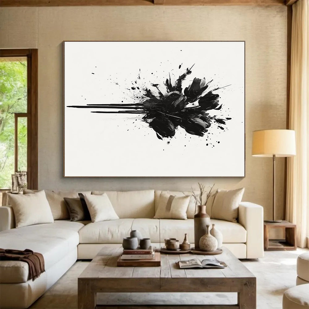 Black and White Splattered Flowers "Dramatic Blooms" Painting On Canvas HB299