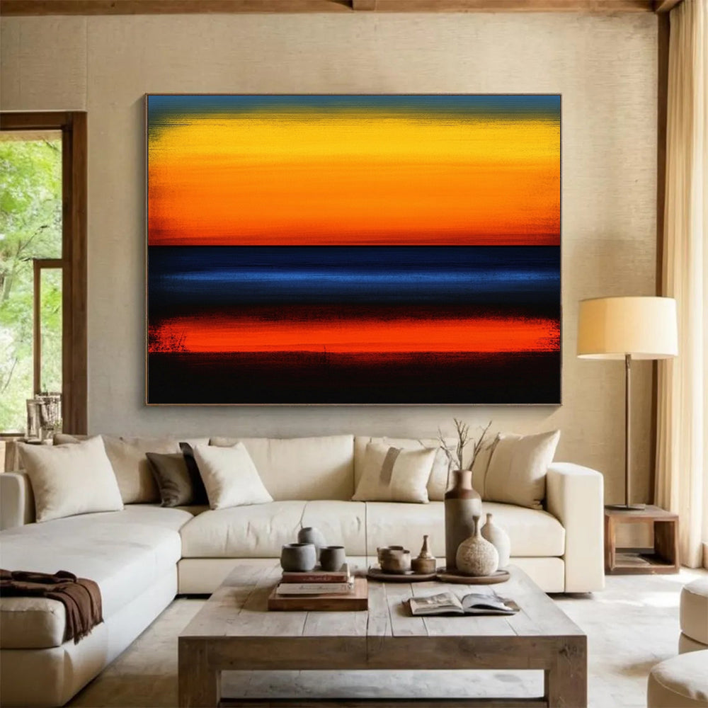 Sunset Stripes in Orange, Yellow & Blue - Color - Field Landscape Painting On Canvas HB0473