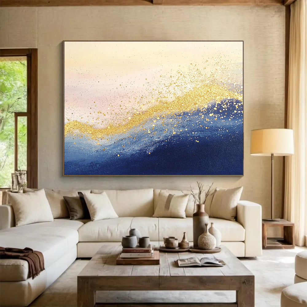 “Golden Sea Sparkle” - Blue, Gold, White, Abstract Waves - Mixed - Media Painting HB1478