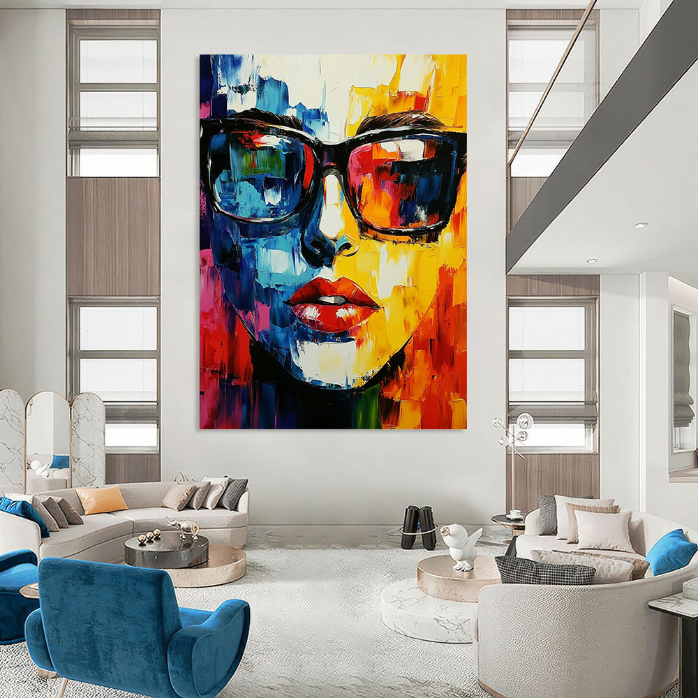 Contemporary abstract artwork featuring a vibrant face with glasses created using a palette knife technique, perfect for modern decor. DLZ0594