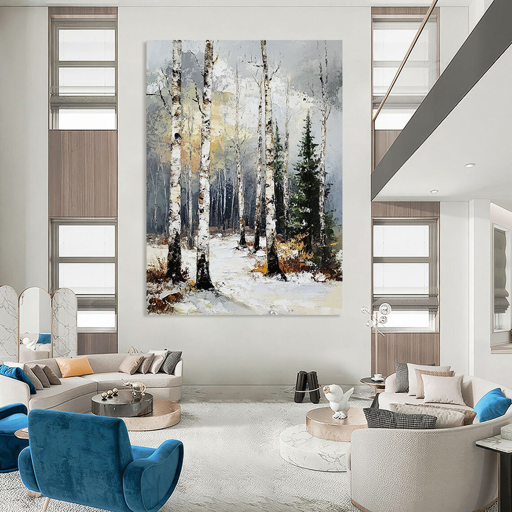 Contemporary abstract artwork featuring a birch forest in winter with textured brush strokes and a muted color palette of gray, white, and yellow. DLZ1673