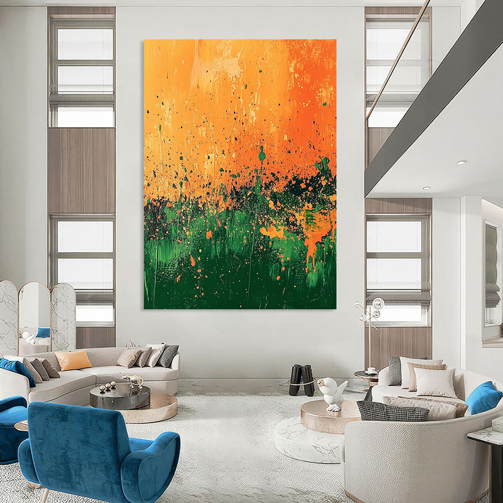 Contemporary abstract painting features vibrant orange and green landscape with splashes of gold and dynamic brush strokes under a surreal light. DLZ0498