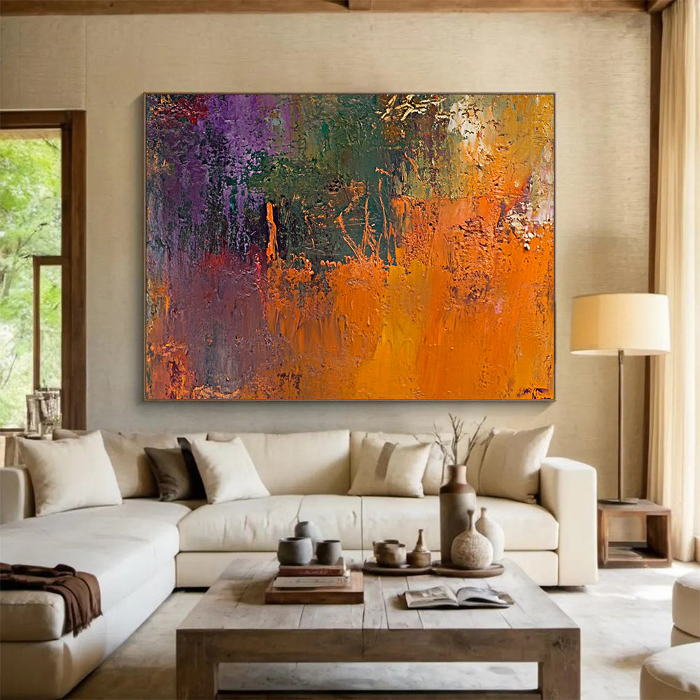 “Vibrant Textured Abstract” - Purple, Green, Orange with Thick Impasto - Painting On Canvas HB1394
