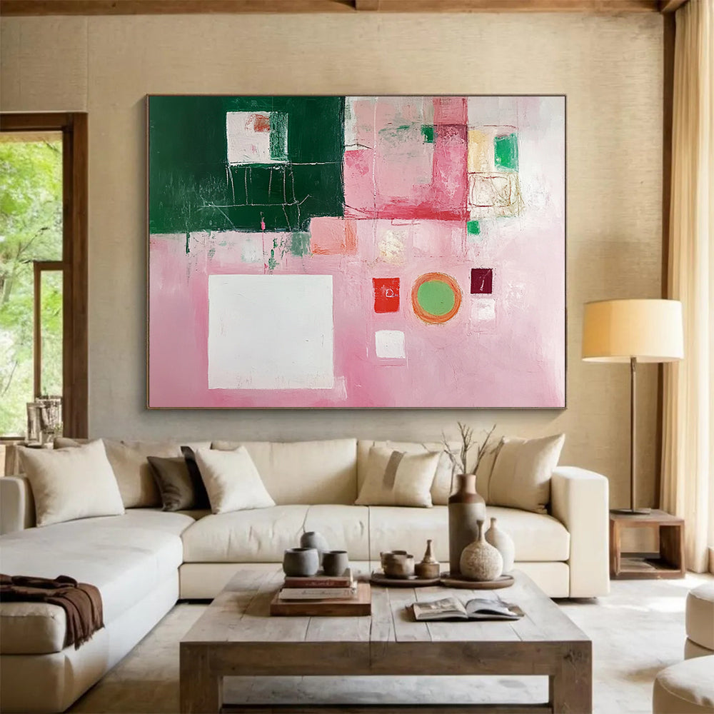 “Pink and Green Collage” - Pink, Green, White, Mixed Geometric Elements - Modernist Acrylic Painting HB1538