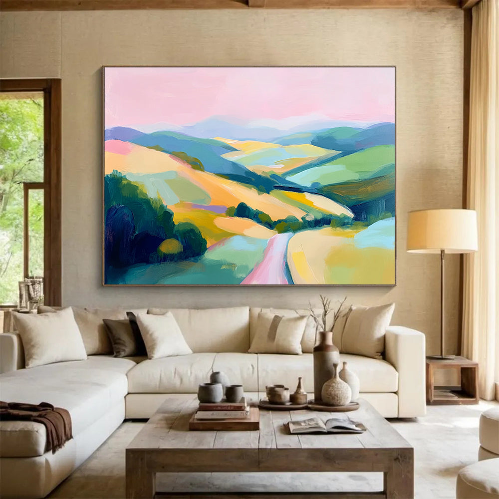 Pink, Blue, Green, Yellow and Purple Colorful Valley "Vibrant Vista" Painting On Canvas HB0673