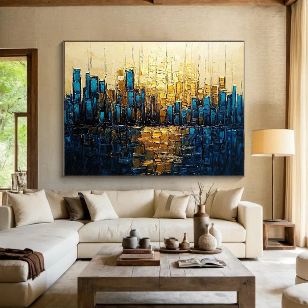 “Golden - Blue City Reflection” - Gold, Blue, Cityscape with Water Mirroring HB1136