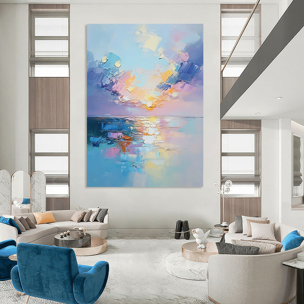 Contemporary hand-painted abstract artwork capturing a serene sunset over the sea with textured clouds and soft reflections in pastel colors. DLZ1684