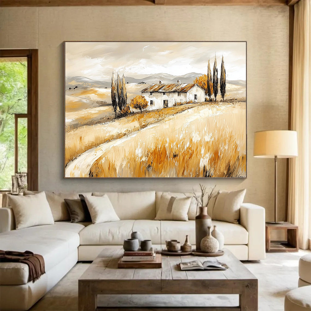 “Tuscan Farmhouse in Golden Fields” - Warm Beiges, Browns, Yellows, Farmhouse in Rolling Fields - Contemporary Oil Painting HB1694