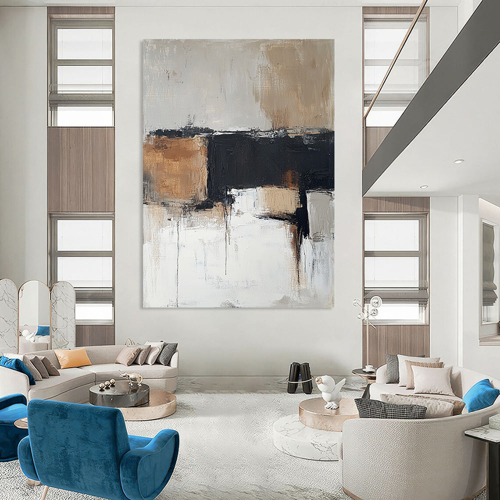 Contemporary hand-painted abstract art in soft neutral tones of beige and gray with brown accents creates an atmospheric and soothing ambiance. DLZ0497