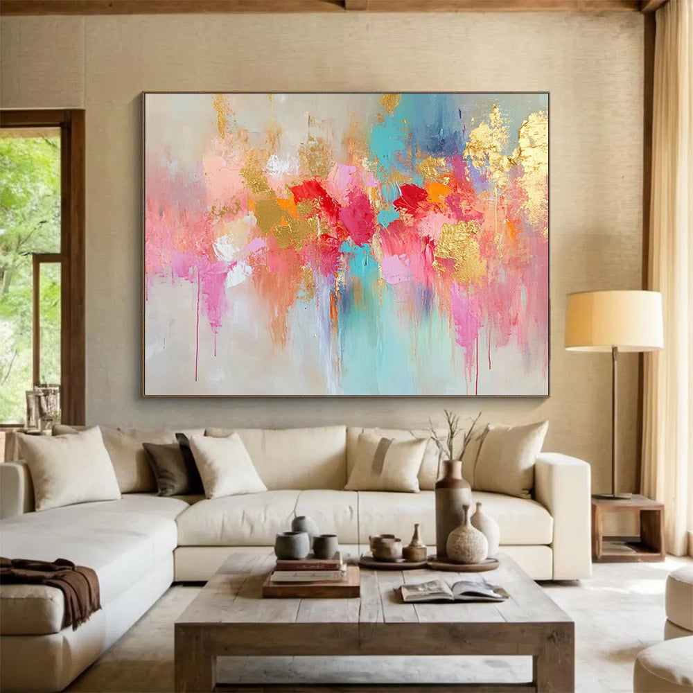 “Pink Gold Blue Abstract Drips” - Pink, gold, blue, beige; Abstract drips with gold highlights HB1290