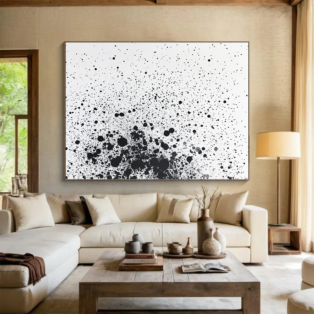 Black Dots & Splatter on White - “Random Ink Energy” Painting On Canvas HB226
