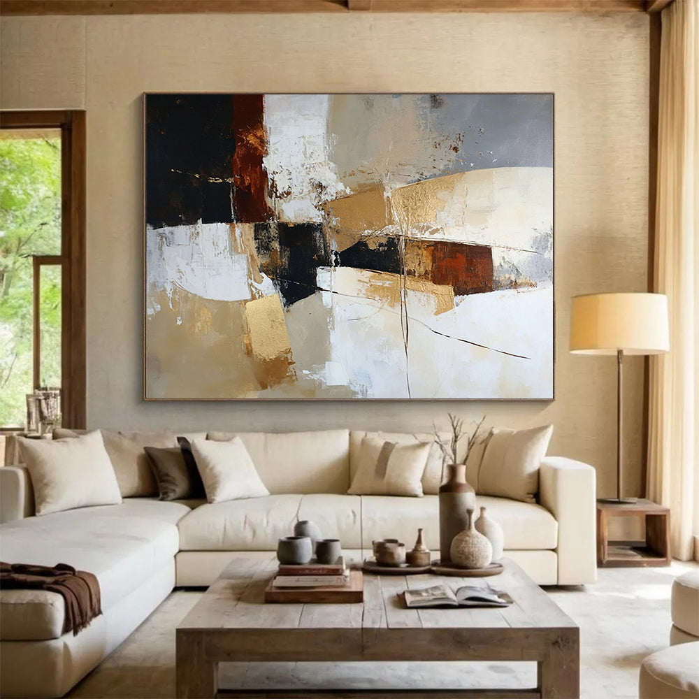 “Earthy Tone Abstract” - Black, Brown, Beige, Gold with Geometric Shapes - Painting On Canvas HB1391