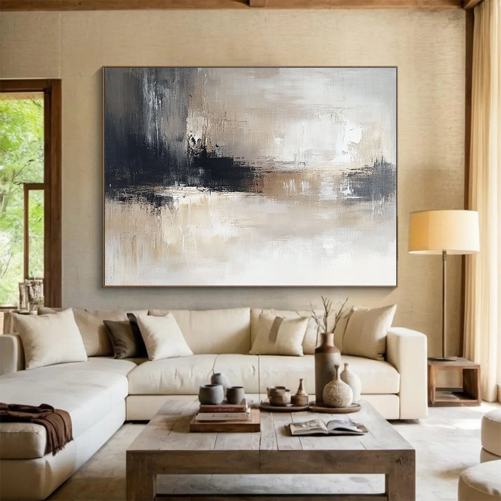“Neutral Textured Horizon” - Gray, Beige, Black, Abstract Landscape Painting On Canvas HB1071