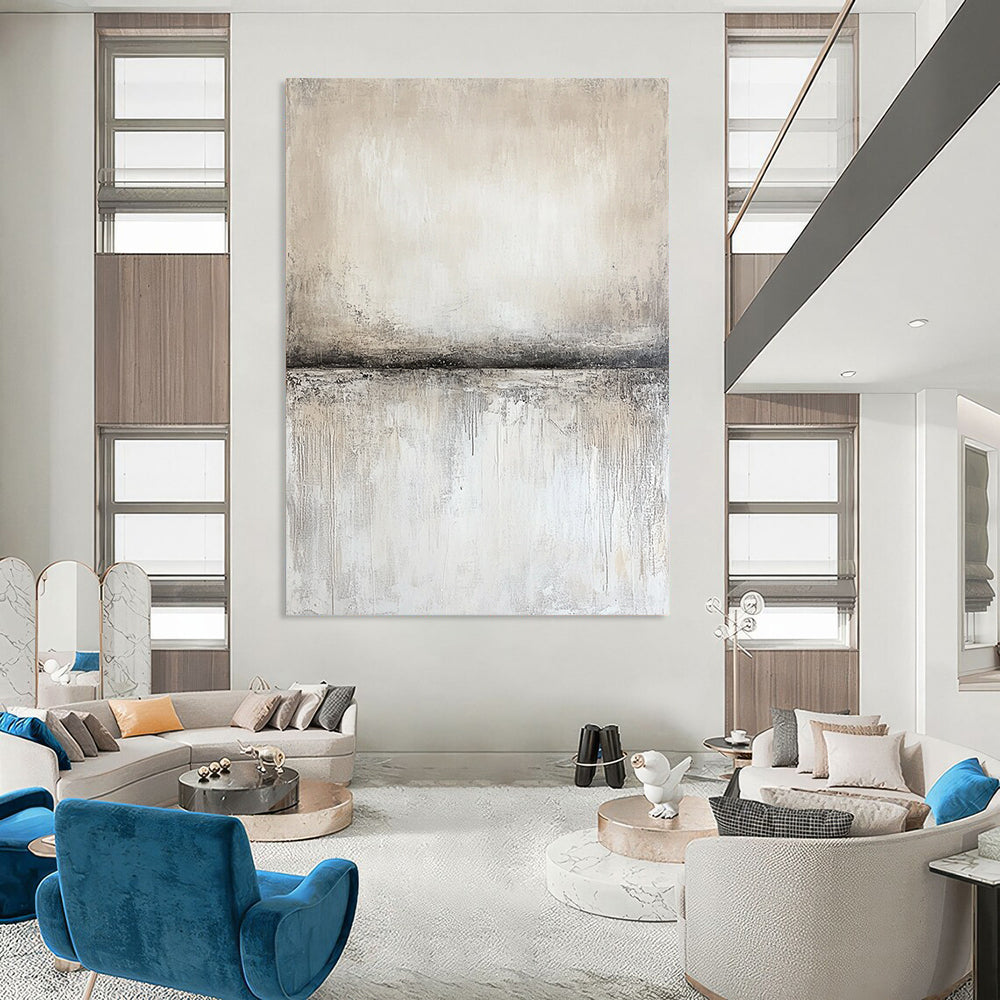 Contemporary abstract artwork features textured canvas in neutral gray and beige, with soft gradients and a central empty space showcasing subtle movement and light. DLZ0877