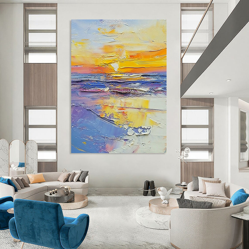 Contemporary large abstract painting showcasing vibrant sunset beach colors in white, blue, yellow, purple, light orange, and pink with palette knife technique. DLZ0647
