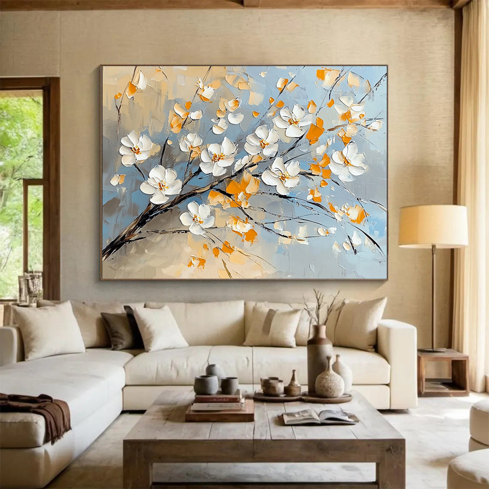 “Blossom Breeze” - White, Yellow, Blue, Floral Branches Painting On Canvas HB1036