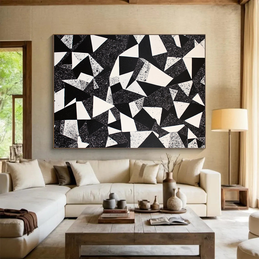 Black, White and Speckled Geometric Triangles "Starry Triangles" Painting On Canvas HB391