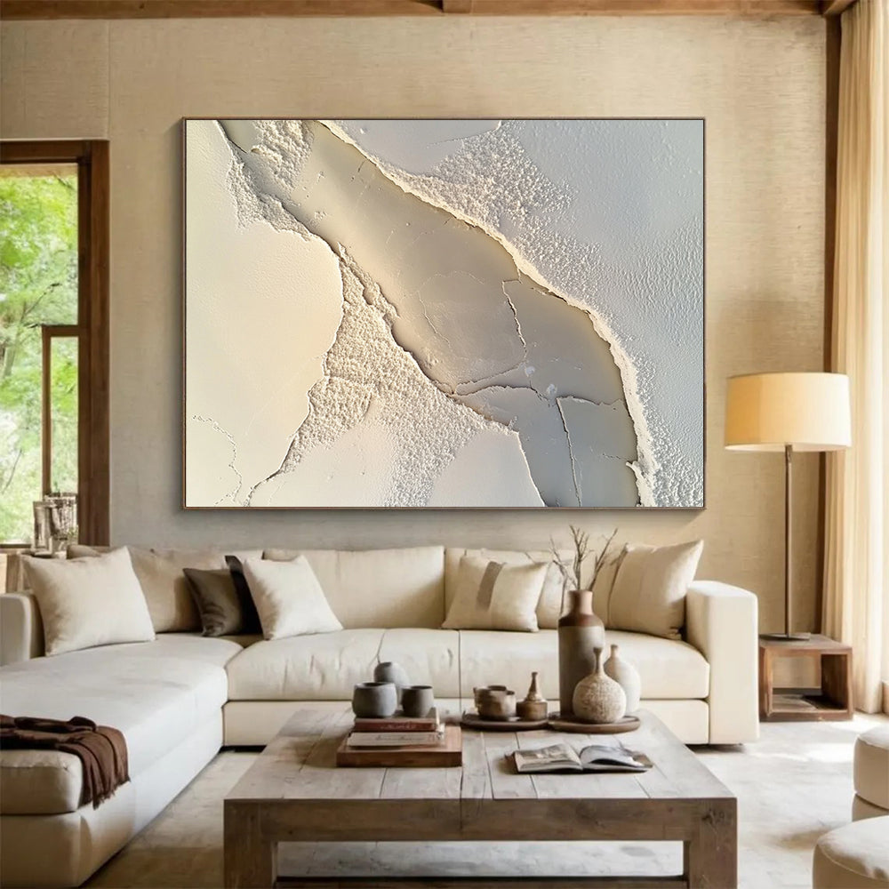 Cracked White Textured Abstract - Textural Minimalist Painting On Canvas HB0503